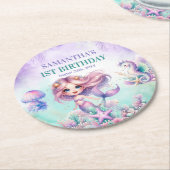 水かわいらし色マーメイド水色パープルティール（緑がかった色） ラウンドペーパーコースター (アングル)