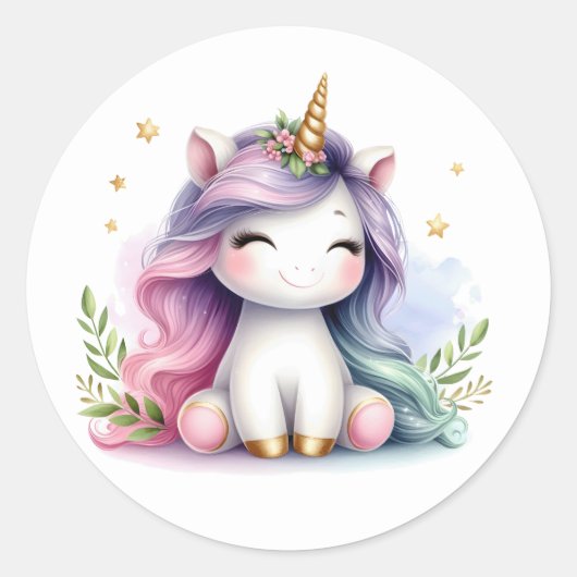 水かわいらし色ユニコーンステッカー ラウンドシール (正面)