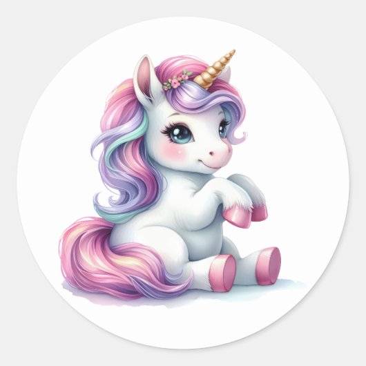 水かわいらし色ユニコーンステッカー ラウンドシール (正面)