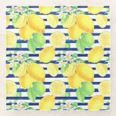 水かわいらし色レモンの青ストライプい ガラスコースター (正面)