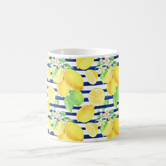 水かわいらし色レモンの青ストライプい コーヒーマグカップ (中央)
