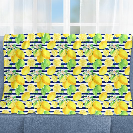 水かわいらし色レモンの青ストライプい フリースブランケット