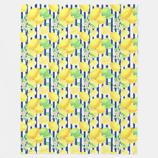 水かわいらし色レモンの青ストライプい フリースブランケット (正面)