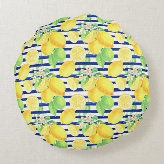 水かわいらし色レモンの青ストライプい ラウンドクッション (裏面)