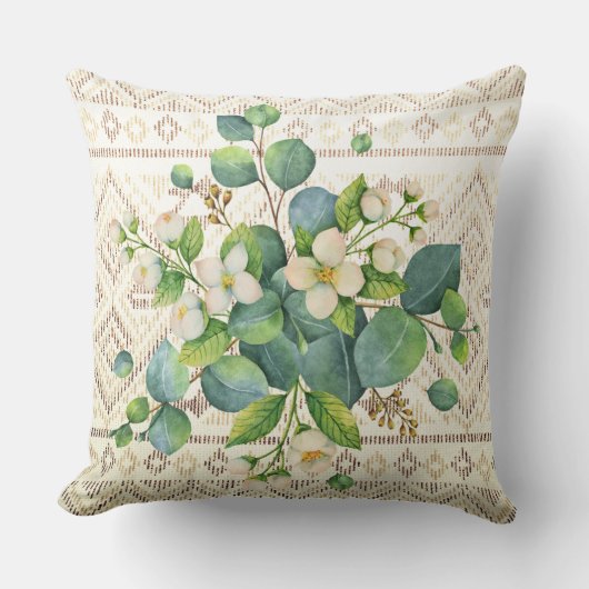 水かわいらし色ワイルドフラワーズモノグラムアイボリー クッション (正面)