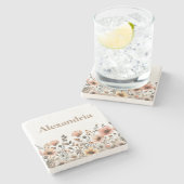 水かわいらし色ワイルドフラワーニュートラルとピンク ストーンコースター (横)