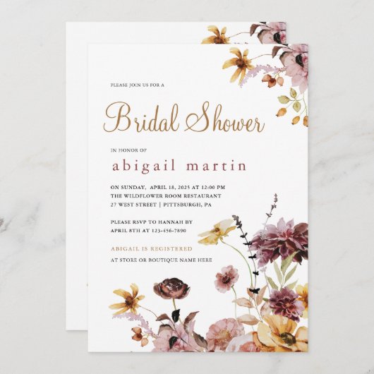水かわいらし色ワイルドフラワーフローラブライダルシャワー 招待状 (正面/裏面)