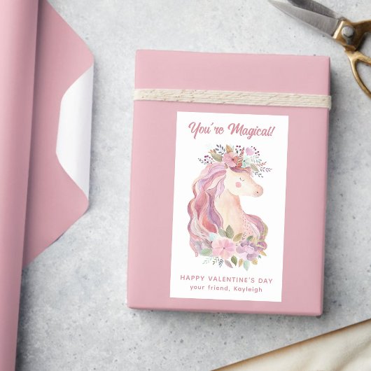 水かわいらし色ワイルドフラワーユニコーンバレンタイン 長方形シール