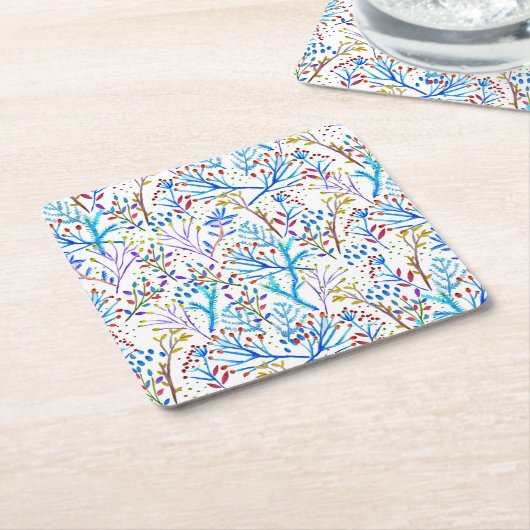 水かわいらし色冬葉図デザイン スクエアペーパーコースター (アングル)
