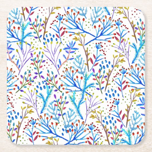 水かわいらし色冬葉図デザイン スクエアペーパーコースター (正面)