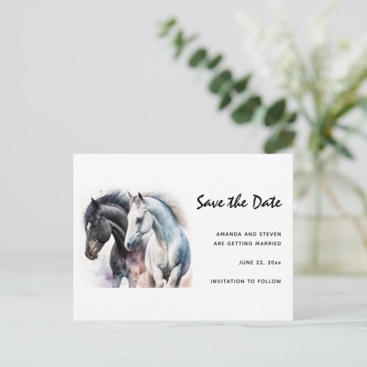 水かわいらし色彩の鮮やか色の馬の日付を保存 インビテーションポストカード (スタンド正面)