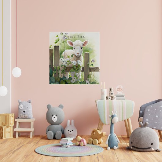 水かわいらし色絵画子羊の白い花 ポスター