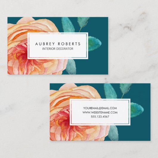 水かわいらし色花パターンピーチティール(緑がかった色)グリーン 名刺 (正面/裏面)