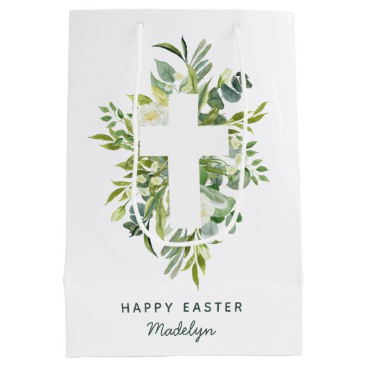 水かわいらし色花模様とクロスイースター名 ミディアムペーパーバッグ (裏面)