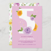 水かわいらし色花模様キッズ5th誕生日パーティー セーブザデート (正面/裏面)