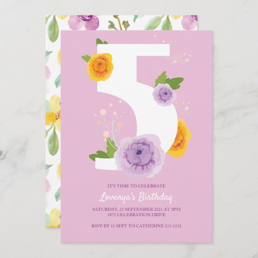 水かわいらし色花模様キッズ5th誕生日パーティー セーブザデート (正面/裏面)