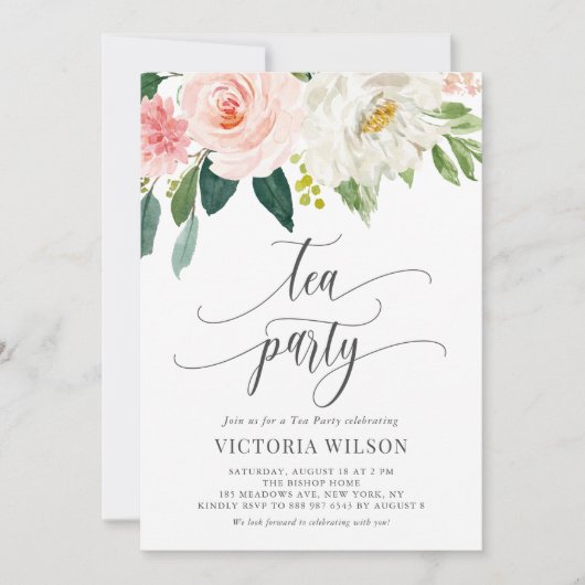 水かわいらし色赤面花グレイ茶パーティー 招待状 (正面)