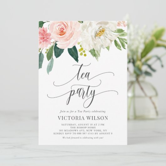 水かわいらし色赤面花グレイ茶パーティー 招待状 (スタンド正面)