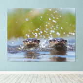 水しぶきをあげて飛び出す遊び心満載のカワウソ キャンバスプリント (インサイチュ (ウッドフロア))