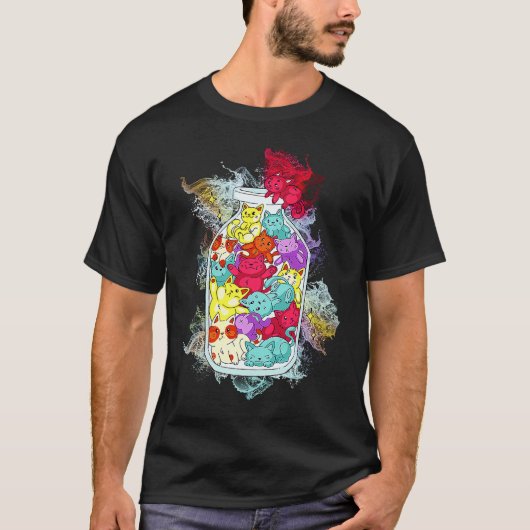 水しぶきネコボトル猫かわいい子猫 Tシャツ (正面)