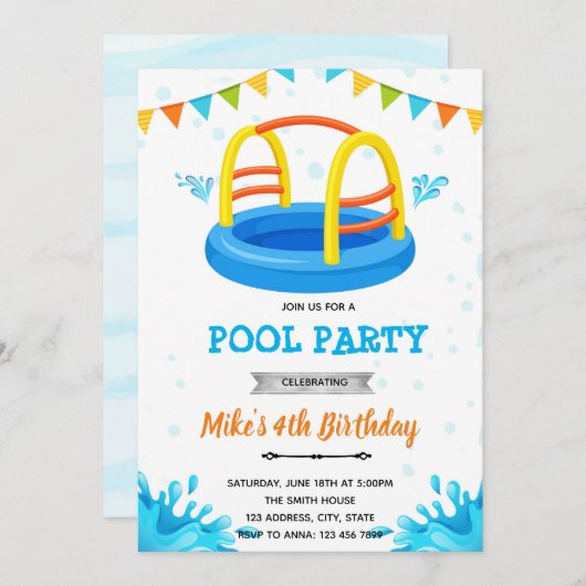 水しぶきバシャバシャプールパーティー 招待状 (正面/裏面)