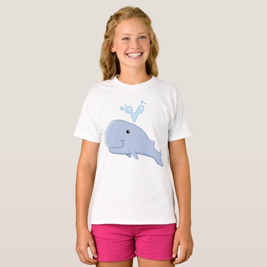水しぶき動物付きかわいいクジラ Tシャツ (正面フル)