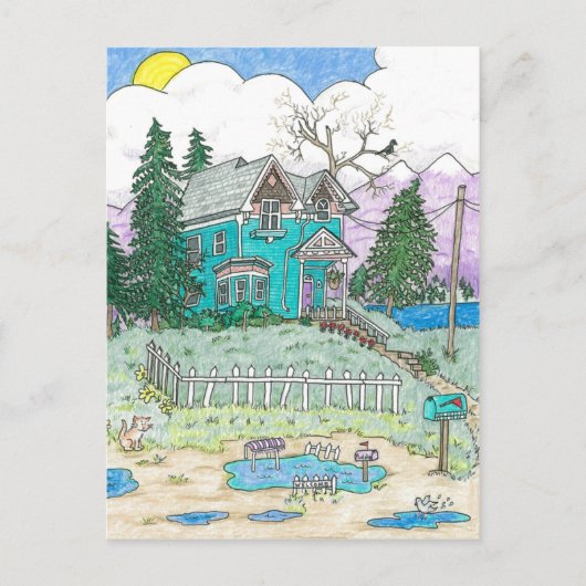 水たまり、虹を追いかける ポストカード (正面)