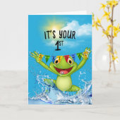 水でカエルを飛び跳ねる誕生日1 カード (黄色い花)