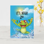 水でカエルを飛び跳ねる誕生日2 カード (黄色い花)