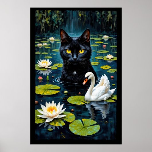 水で満たされた池の中の黒猫と白鳥 ポスター (正面)