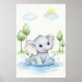 水で遊ぶかわいいゾウ ポスター (正面)
