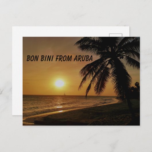 水とヤシの木に日没のあるアルバ ポストカード (正面/裏面)