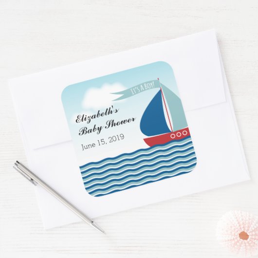 水にヨットそれは男の子、航海のなベビーシャワーです スクエアシール (封筒)
