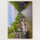 水に反射するボート，アムステルダム，オランダ ジグソーパズル (縦)