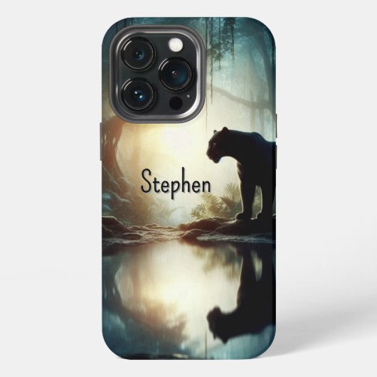 水に反射する名前の黒いヒョウ iPhoneケース (裏面)