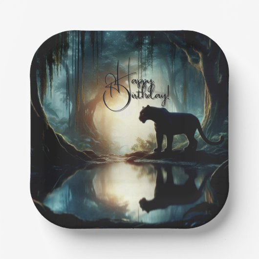 水に反射する黒いヒョウ誕生日 ペーパープレート (正面)