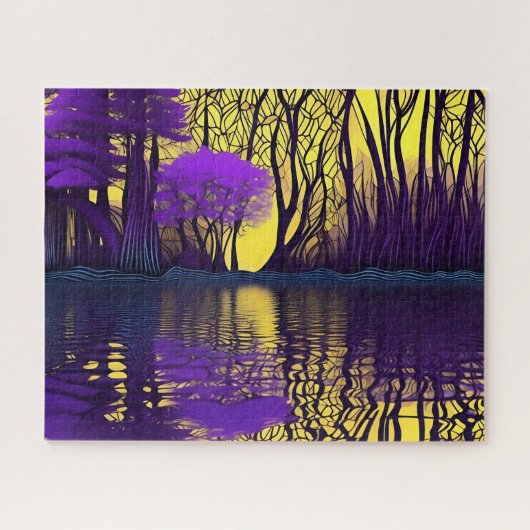 水に映る紫と黄色の森 ジグソーパズル (横)