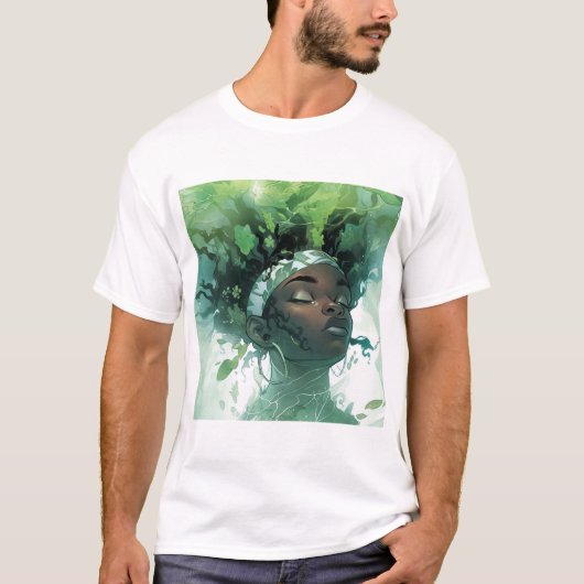 水に浮かぶ美しい黒人女性/植物 Tシャツ (正面)