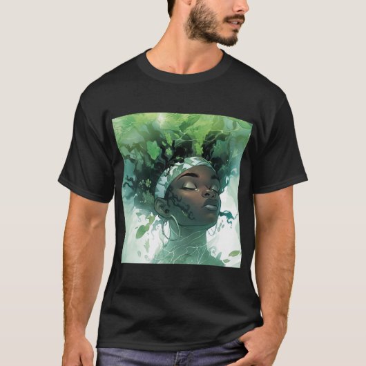 水に浮かぶ美しい黒人女性/植物 Tシャツ (正面)