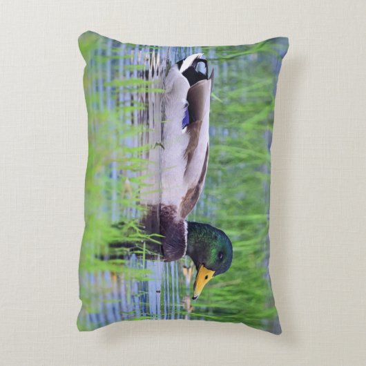 水に浮かんでいるオスのマガモのアヒル アクセントクッション (裏面(縦))