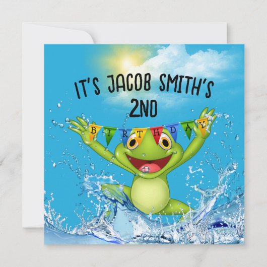 水に飛び込む2回目の誕生日カエル 招待状 (正面)