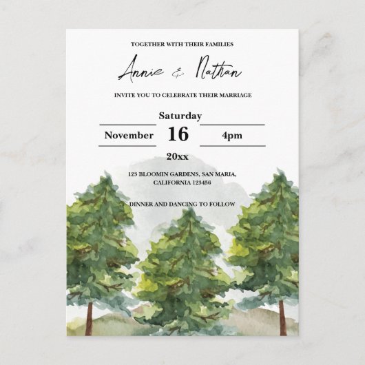 水のかわいらし色の木の風景の結婚式の招待 ポストカード (正面)
