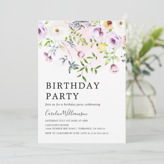 水のエレガント色の庭の花の誕生日パーティー 招待状 (スタンド正面)