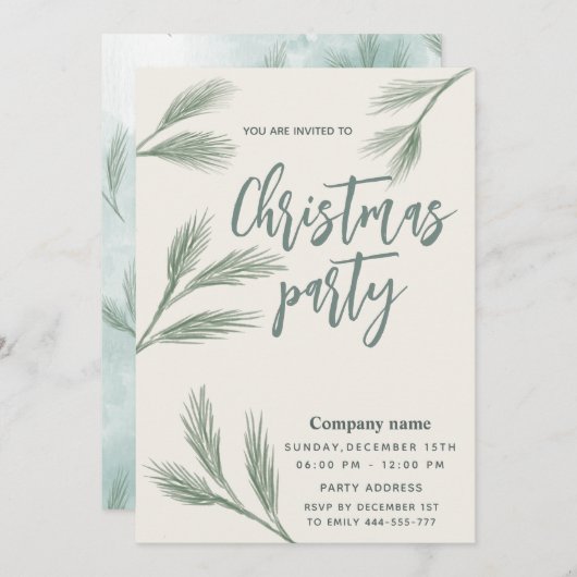 水のエレガント色の松の枝クリスマスパーティー 招待状 (正面/裏面)