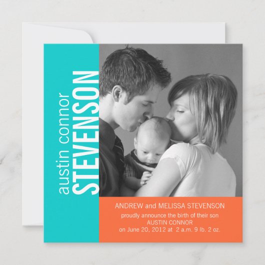 水のオレンジモダンな男の赤ちゃんの誕生の発表 案内状 (正面)