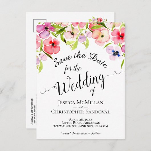 水のカラフル色パンジー結婚式の日付を保存 案内ポストカード (正面/裏面)