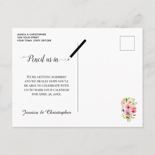 水のカラフル色パンジー結婚式の日付を保存 案内ポストカード (裏面)