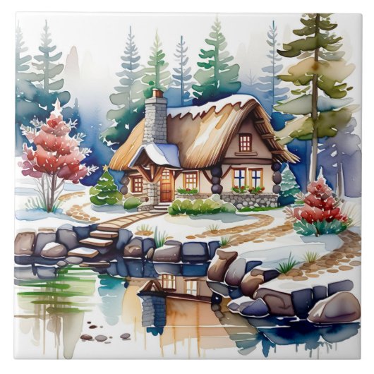 水のカラー森のコテージのアートワーク タイル (正面)