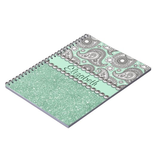 水のグリッターのペイズリーのラインストーンのプリントパターン ノートブック (左側)