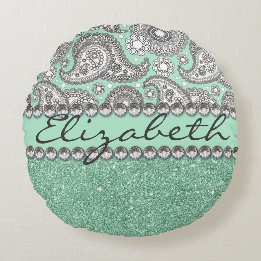 水のグリッターのペイズリーのラインストーンのプリントパターン ラウンドクッション (正面)